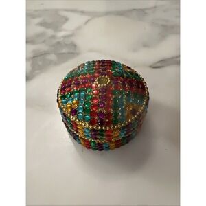Gorgeous Handmade Colorful Rhinestone Trinket Box Round Unique